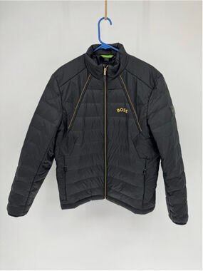 BOSS Men's Black Puffer Jacket with Gold Accents, Size L